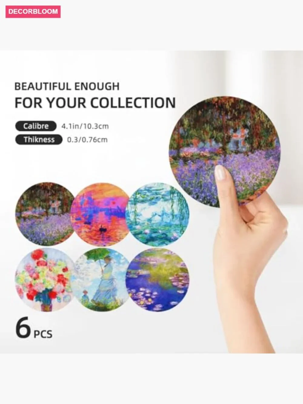 Set of 6 Absorbent Ceramic Stone Coasters with Cork Base and Metal Holder
